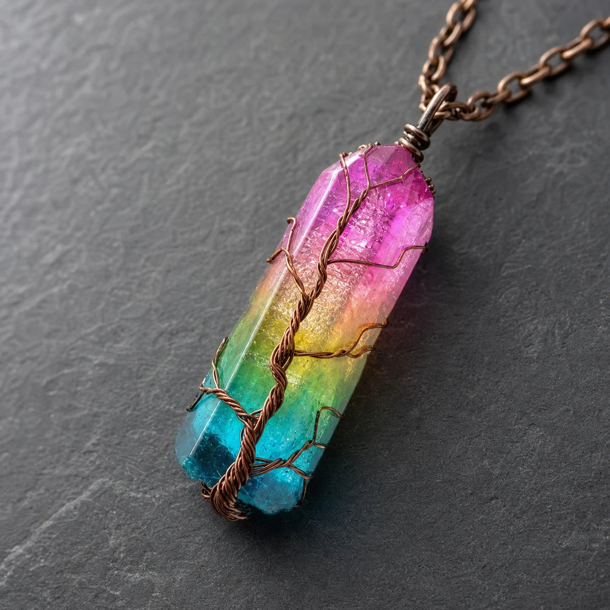 Close-up of the tree-inspired wire detail on the prism pendant