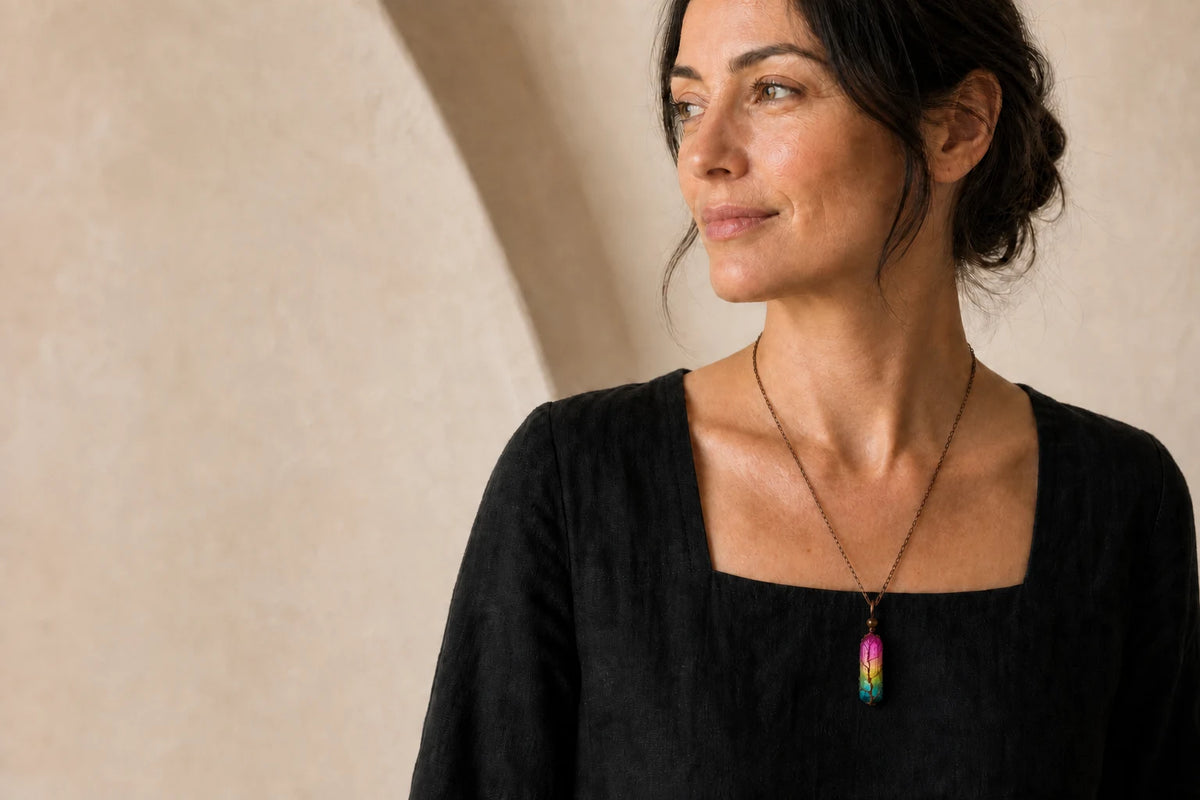 Prism Tree Necklace worn with a minimal black outfit