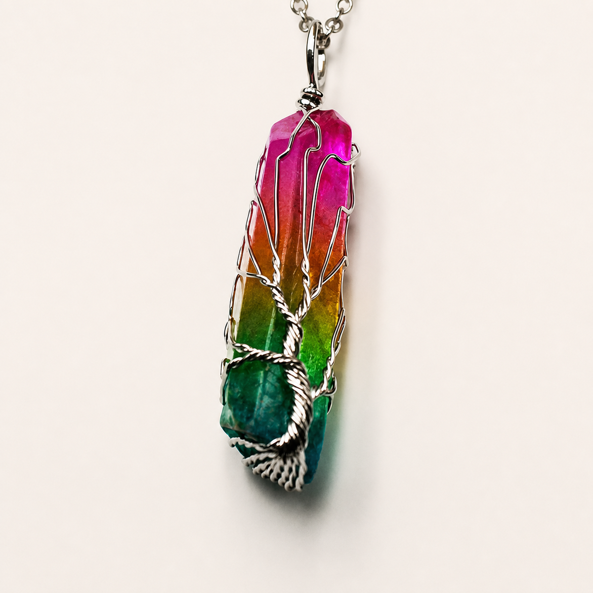 Color-gradient crystal tree necklace with silver finish and 48 cm chain