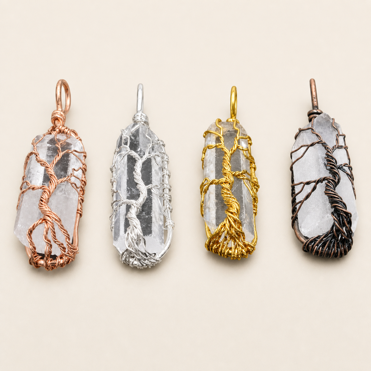 Clear crystal tree pendants in rose-gold, silver, gold and bronze finishes
